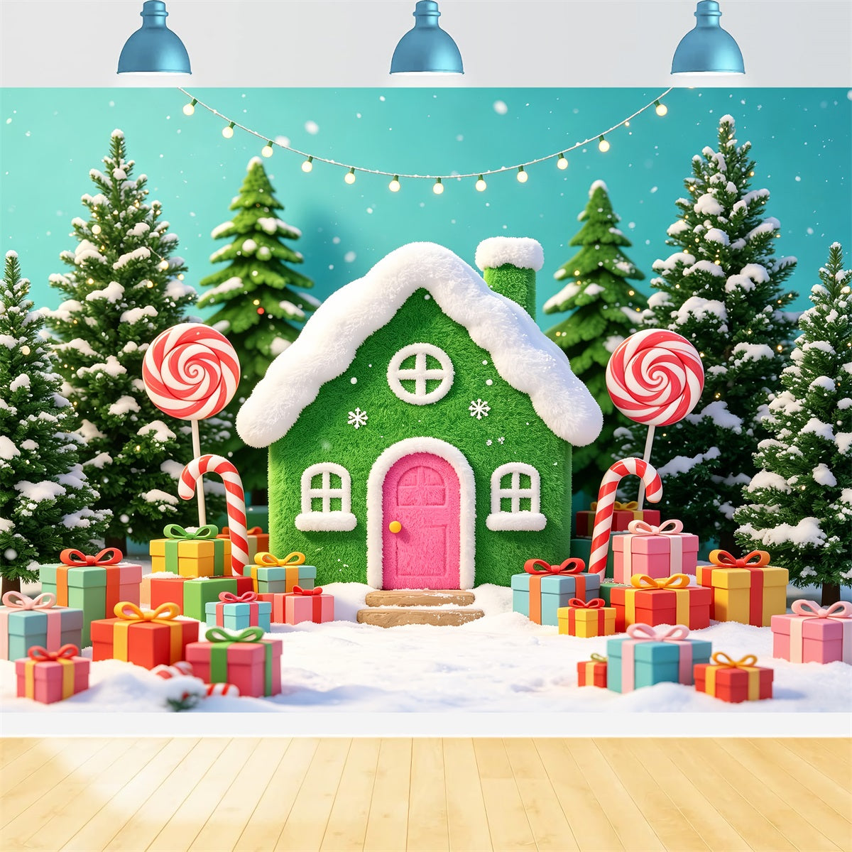 Fond Photo En Pain D'Épice Présentoir De Maisonnettes En Bonbons Colorées Fond De Noël CSH69-100
