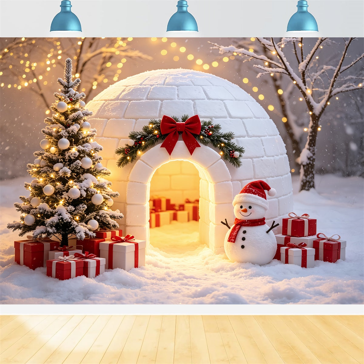 Fond Photo Du Pôle Nord Bonhomme De Neige Dans Un Igloo Enneigé Décor Du Père Noël CSH69-101