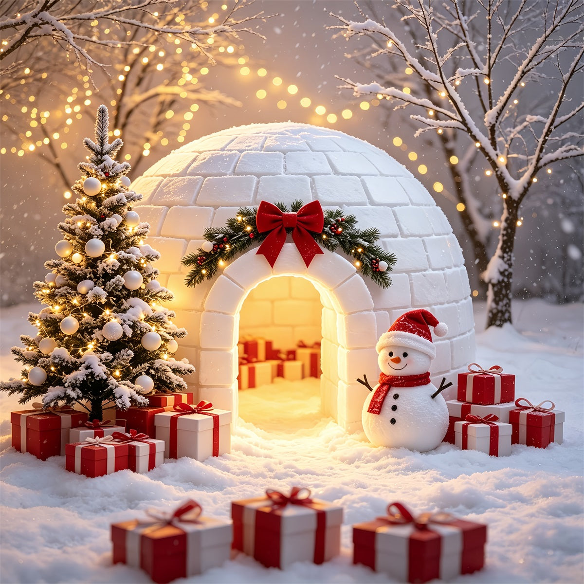 Fond Photo Du Pôle Nord Bonhomme De Neige Dans Un Igloo Enneigé Décor Du Père Noël CSH69-101
