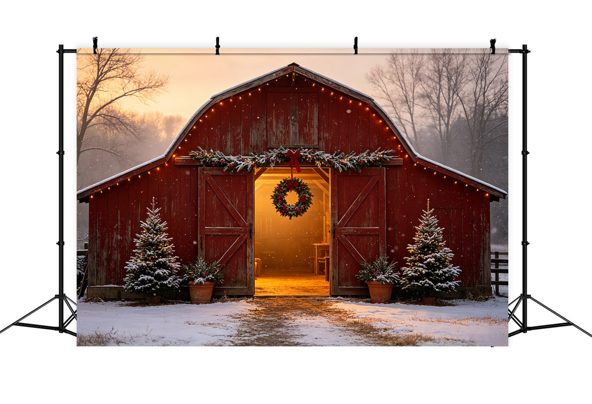 Décor De Ferme De Noël Entrée De La Grange Rouge Enneigée Fond En Mousseline De Noël CSH69-17