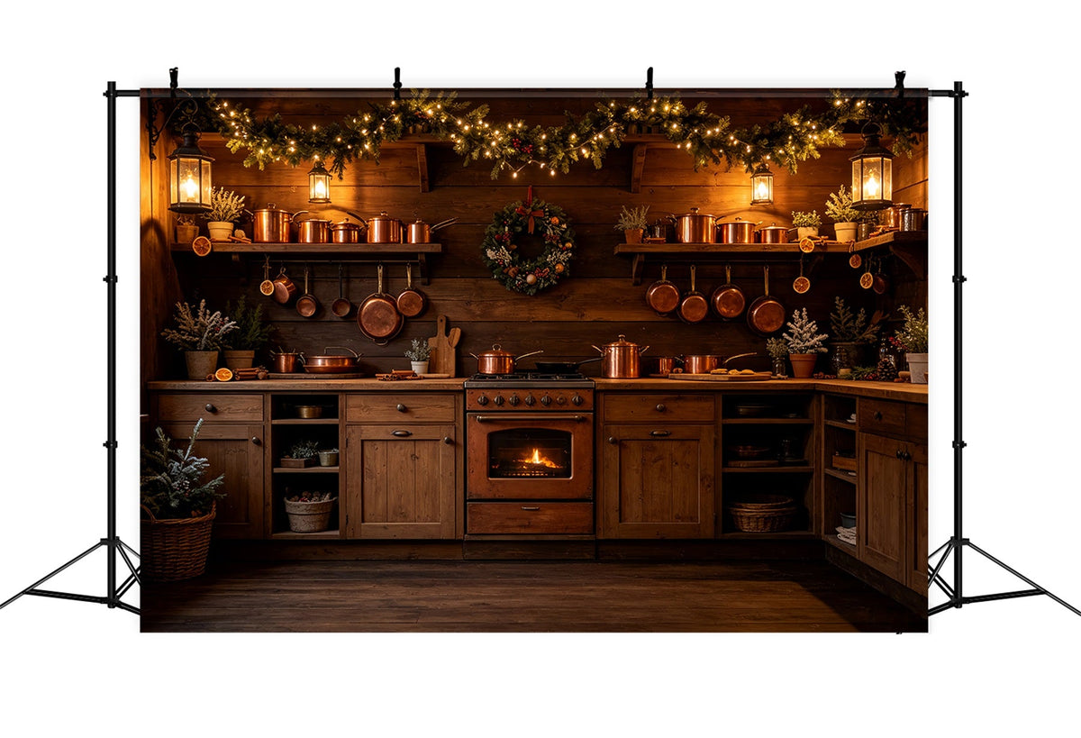 Décor De Cuisine De Noël Cheminée Rustique Avec Luminaires En Cuivre Fond Mural De Noël CSH69-21