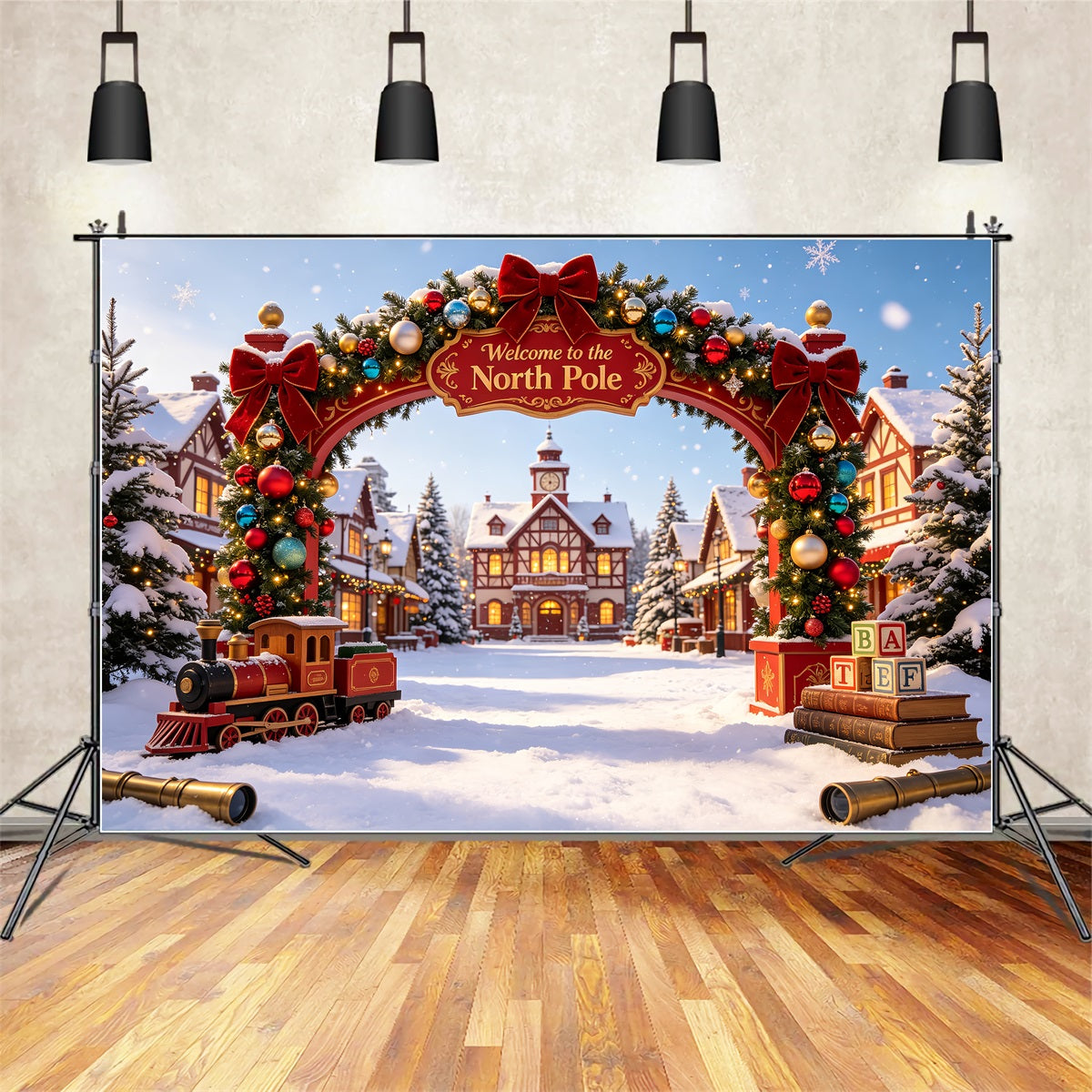 Décor De Noël Du Pôle Nord Porte Du Village Enneigé Décor Photographique De Noël CSH69-31