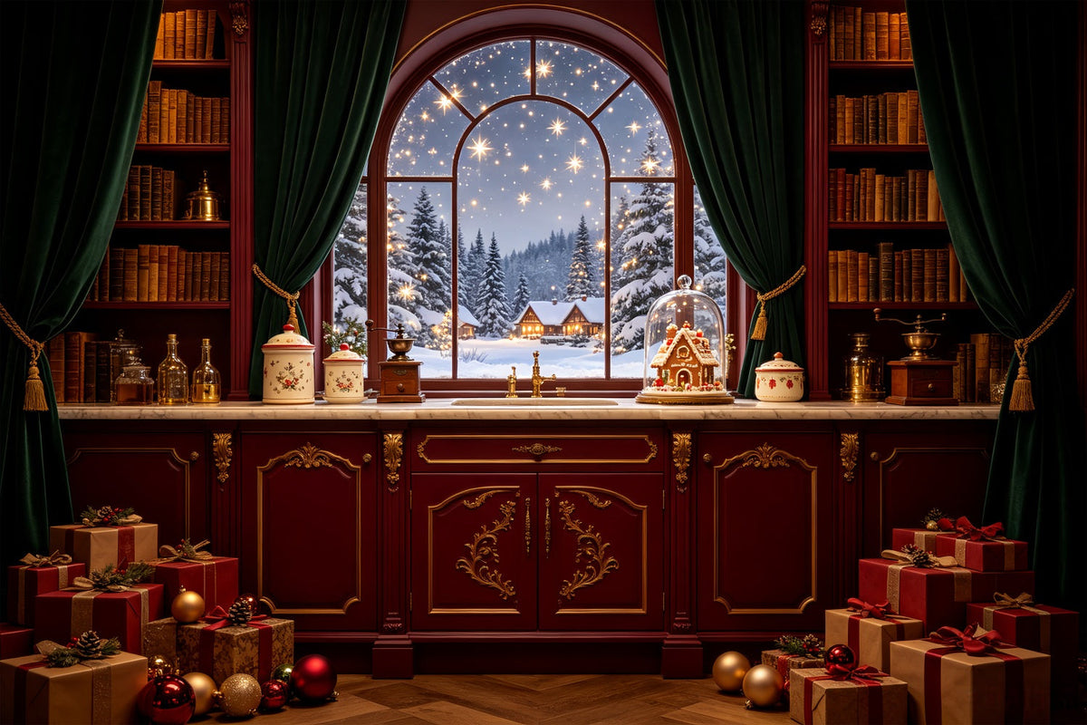 Décor De La Nuit De Noël Garde-Manger De La Fenêtre Du Chalet Enneigé Décors Photographiques De Noël CSH69-37