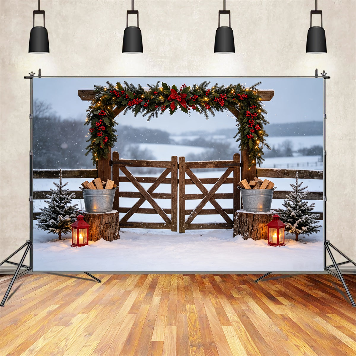 Décor De Noël Champêtre Porte De La Ferme Snowy Garland Décors De Noël Pour Photos CSH69-49