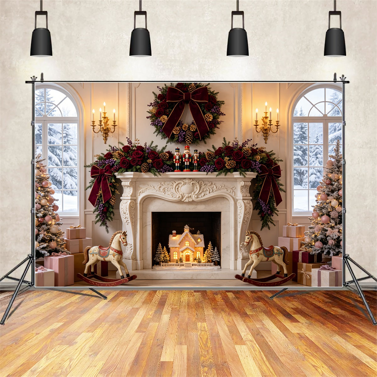 Fond De Cheminée De Noël Décoration De Cheminée Rose Bordeaux Fond En Mousseline De Noël CSH69-54