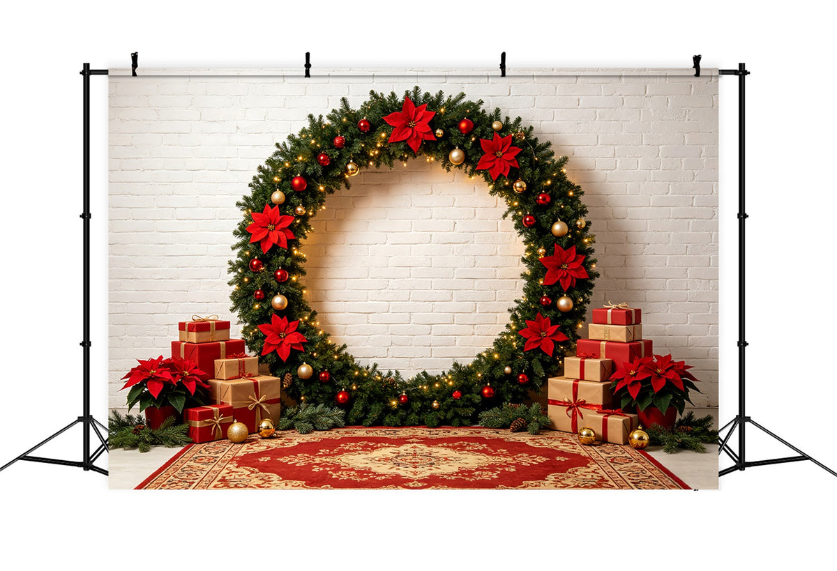 Fond Photo De Noël Arche De Cadeaux Avec Couronne De Poinsettias Décors De Noël Pour Photos CSH69-57