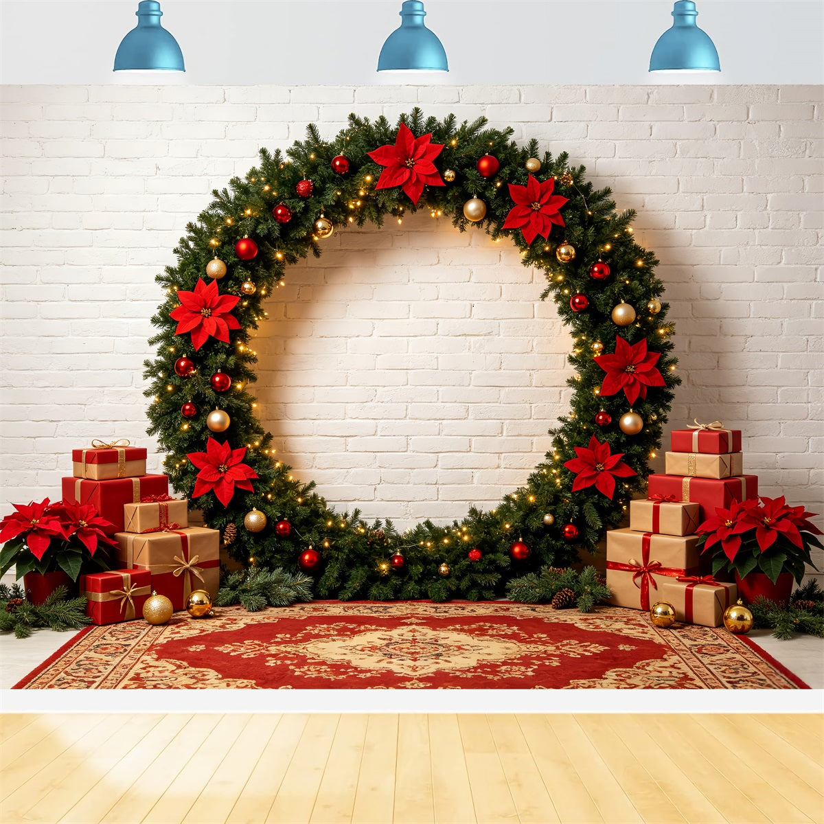 Fond Photo De Noël Arche De Cadeaux Avec Couronne De Poinsettias Décors De Noël Pour Photos CSH69-57