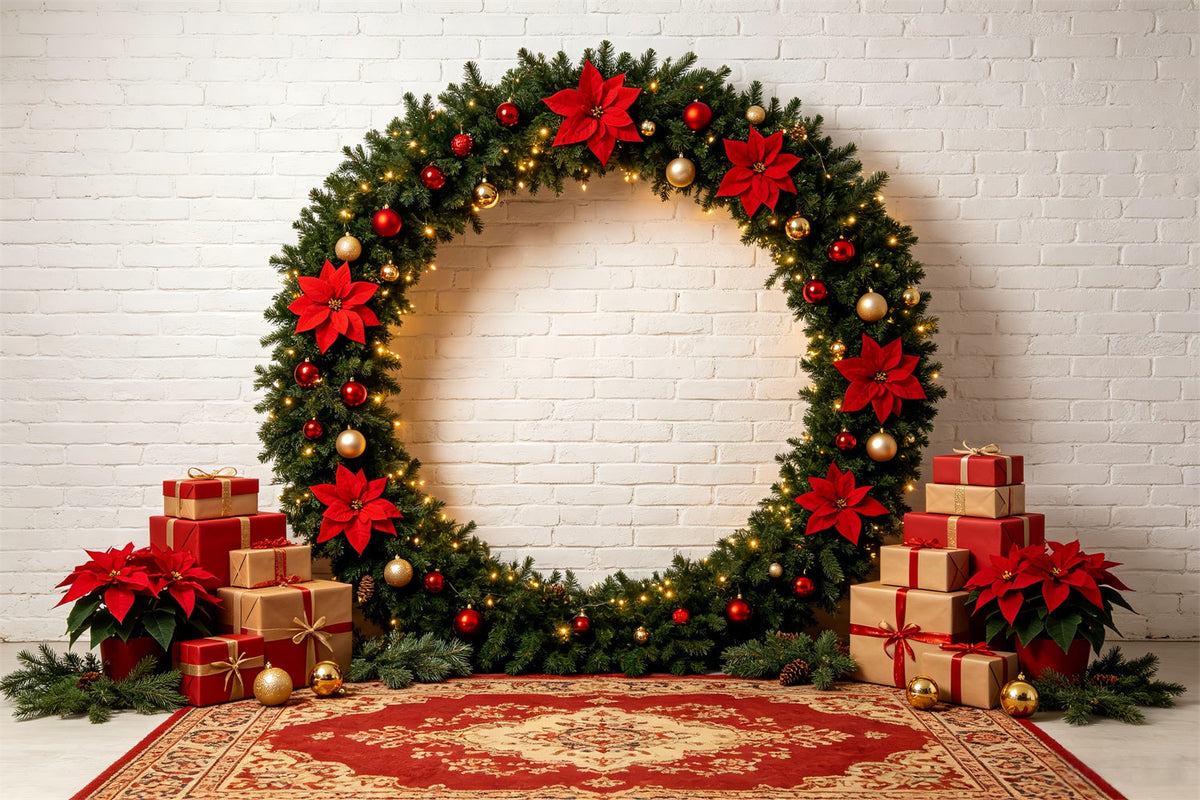 Fond Photo De Noël Arche De Cadeaux Avec Couronne De Poinsettias Décors De Noël Pour Photos CSH69-57