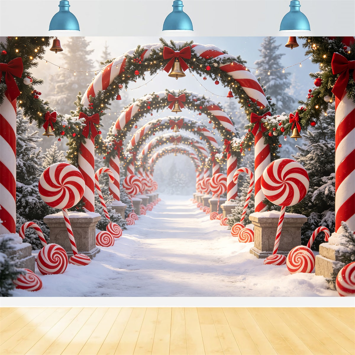 Décor De Candy Cane Lane Chemin De L'Arche De La Forêt Enneigée Fond De Noël 3D CSH69-59