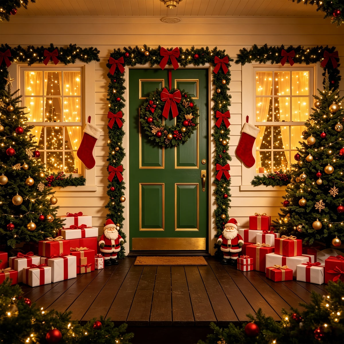 Décor De Noël Extérieur Couronne De Porte Verte À L'Entrée Fond De Noël CSH69-73
