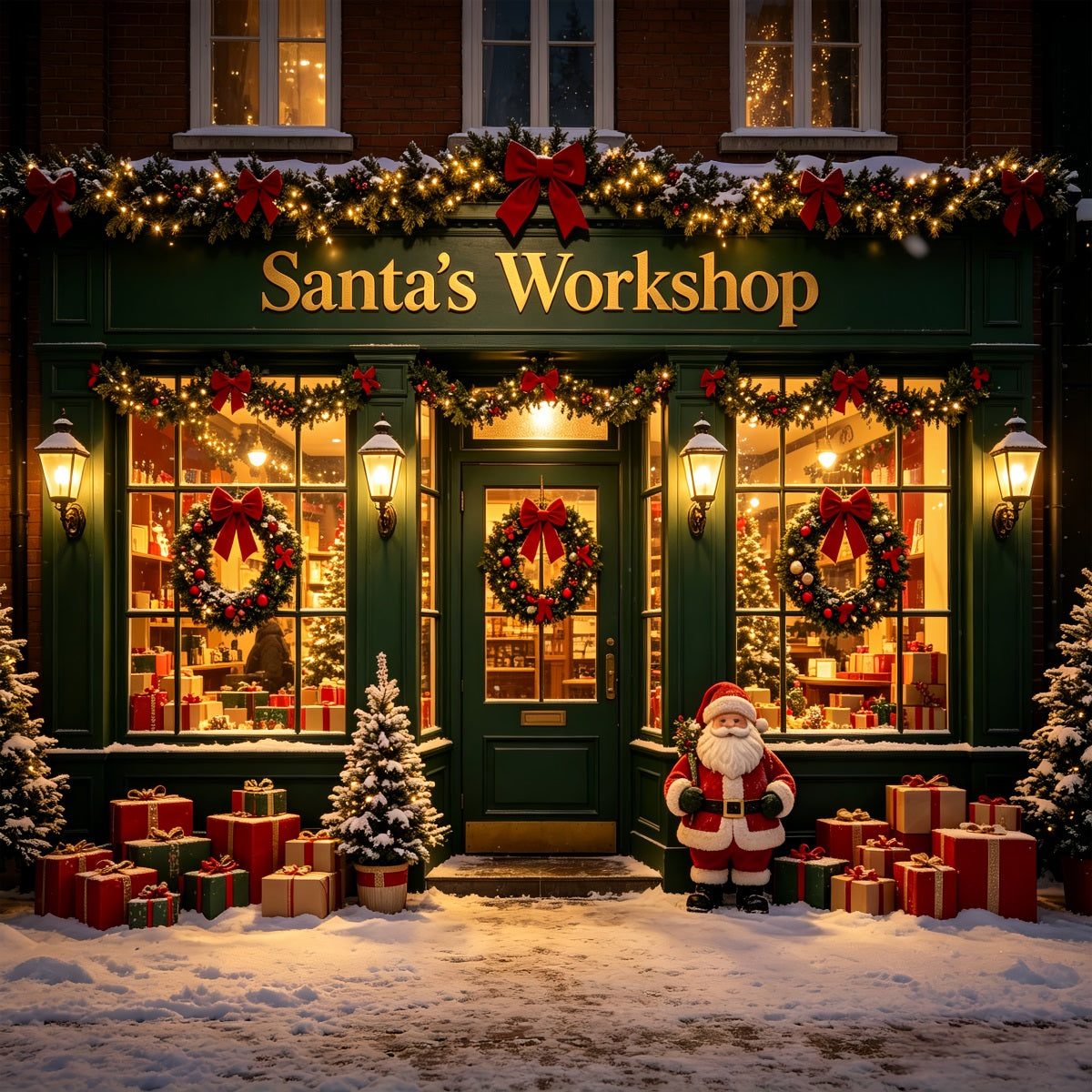Décor Photo De L'Atelier Du Père Noël Façade De Magasin Vert Neige Décor Photo Du Père Noël CSH69-78