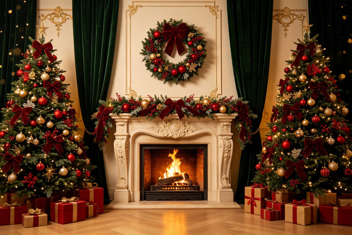 Fond De Cheminée De Noël Couronne Élégante Murale Rétro Fond Photographique De Noël CSH69-8