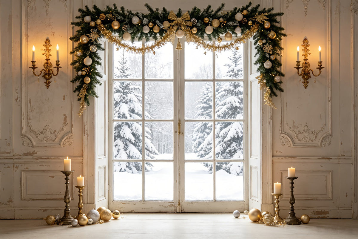 Décor De Vitrine De Noël Vue Sur La Porte En Pin D'Hiver Décor De Portrait De Noël CSH69-80