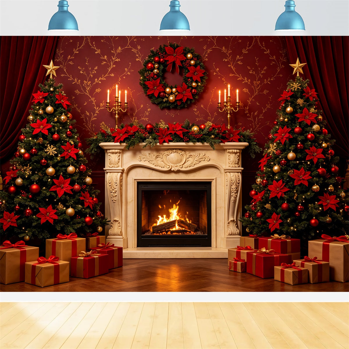 Décors De Noël Pour Scène Cheminée Élégante À Rideaux Rouges Décor De Noël Pour Une Fête CSH69-83