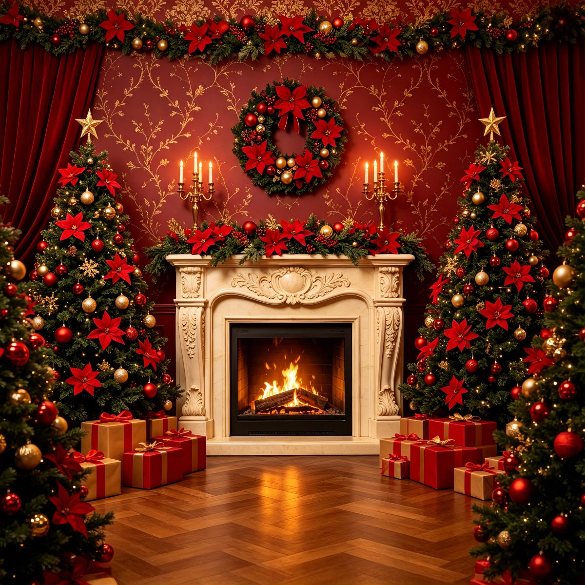 Décors De Noël Pour Scène Cheminée Élégante À Rideaux Rouges Décor De Noël Pour Une Fête CSH69-83