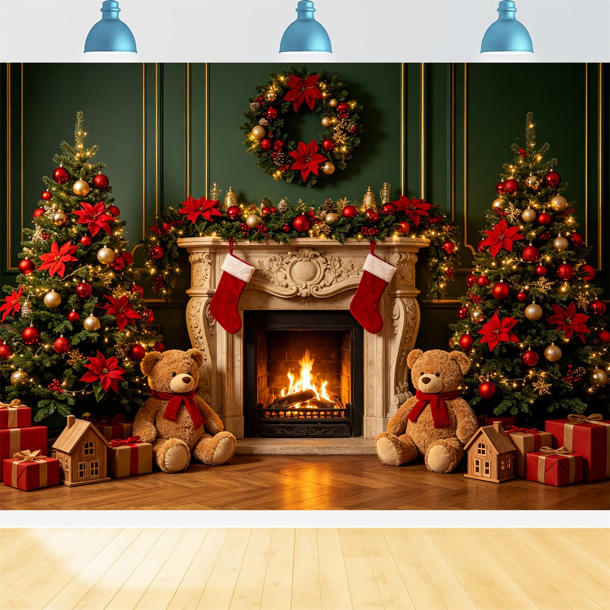 Fond De Cheminée De Noël Décoration De Cheminée Ours En Peluche Décor De Portrait De Noël CSH69-89
