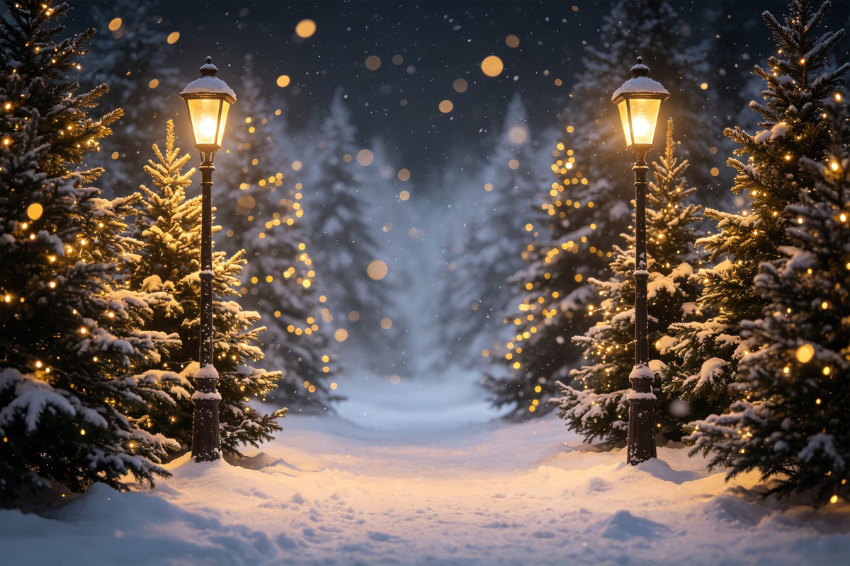Fond Photo De Noël Haute Résolution Sentier De La Forêt Des Lanternes Enneigées Décor CSH69-96