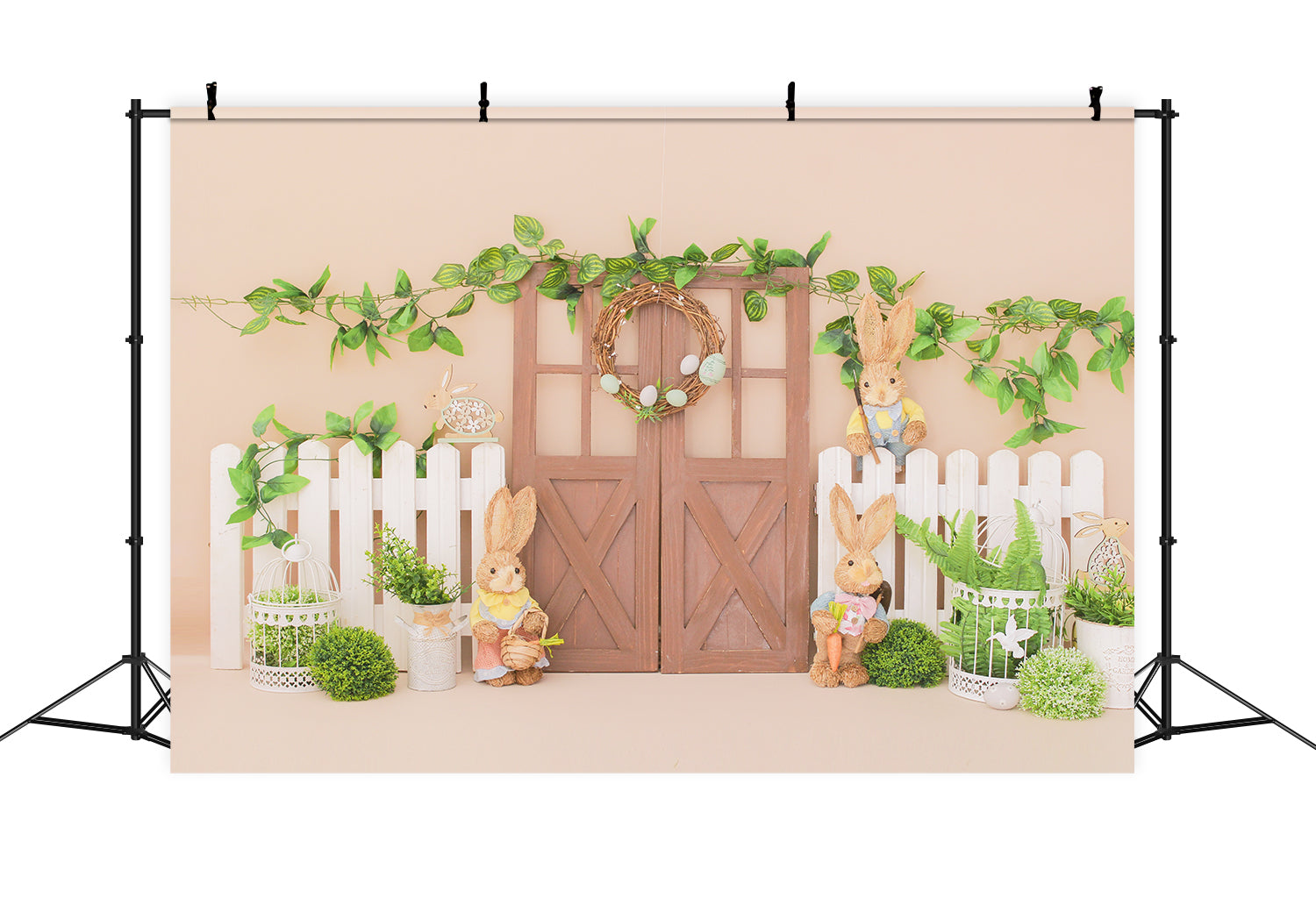 Pâques Grange Porte Lapin Fleurs Photo Toile de Fond D1054