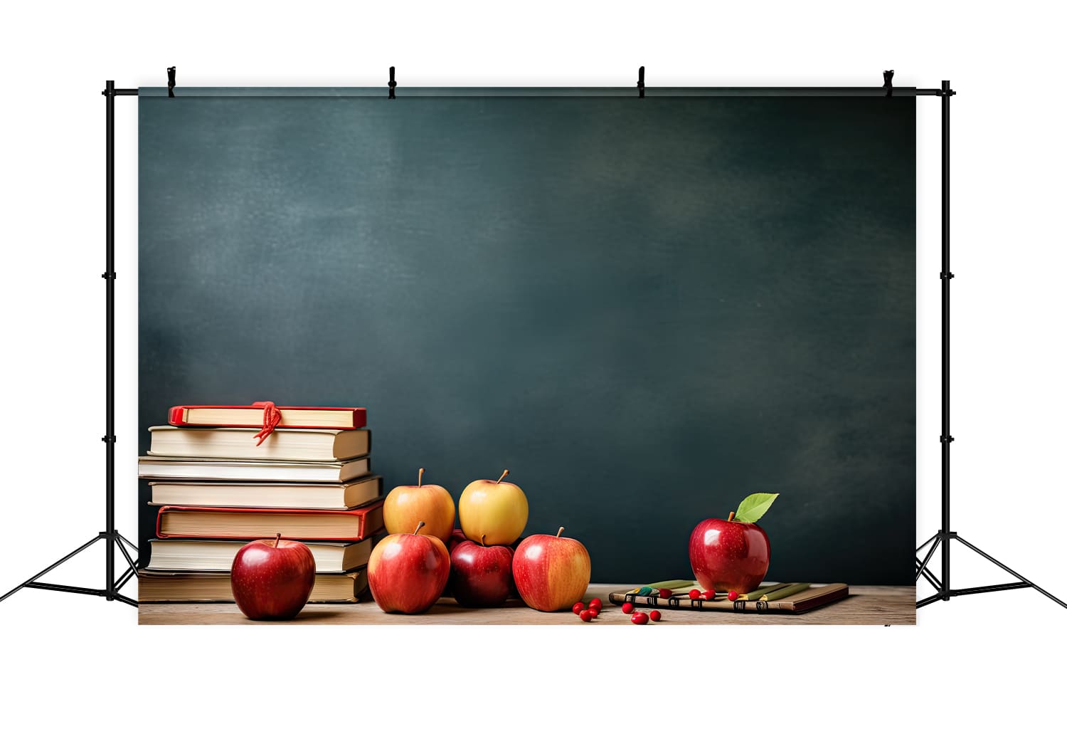 Toile de Fond de Tableau Noir avec Livres et Pommes pour la Rentrée Scolaire DBD7-21