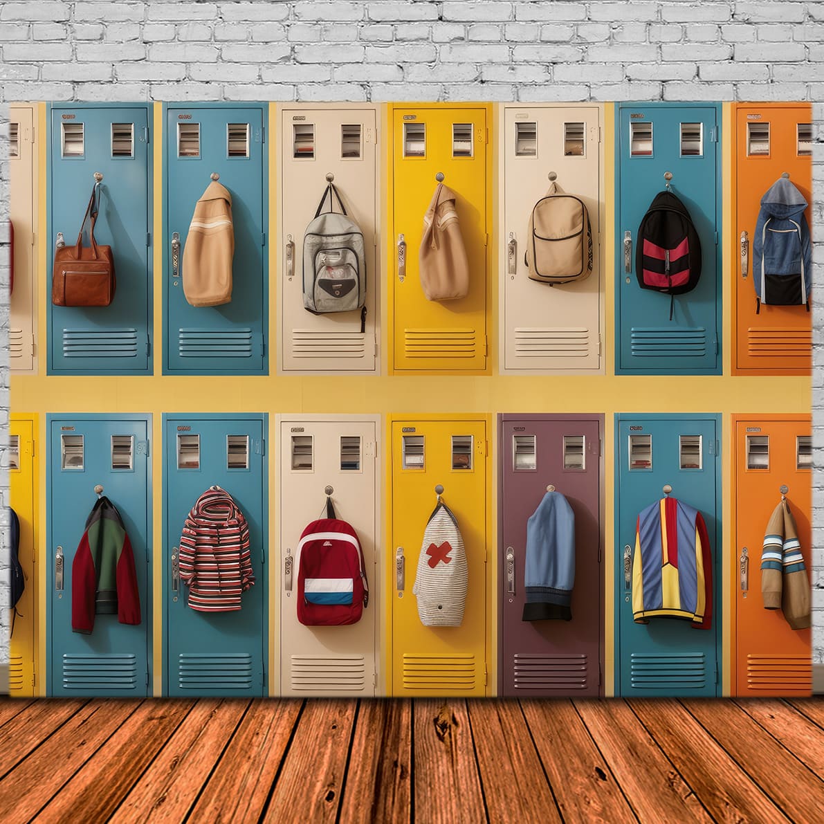 Toile de Fond de Couloir d'École avec Casiers et Cartables DBD7-30