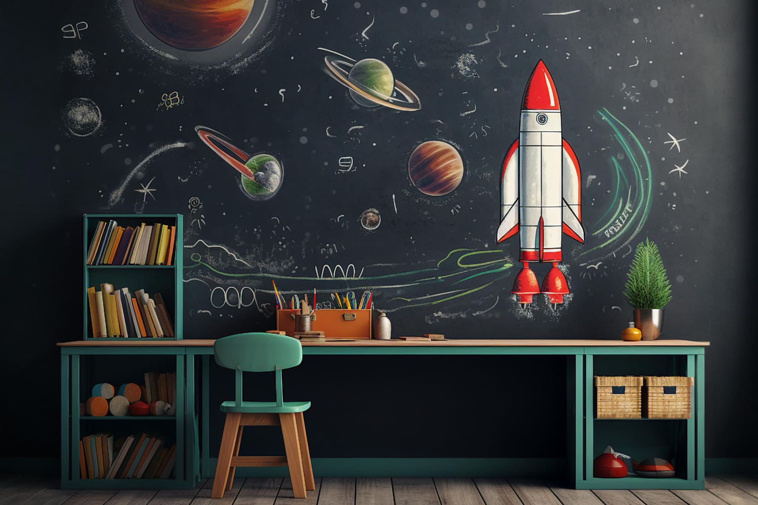 Toile de Fond de Vaisseau Spatial sur Tableau Noir pour la Rentrée Scolaire DBD7-47