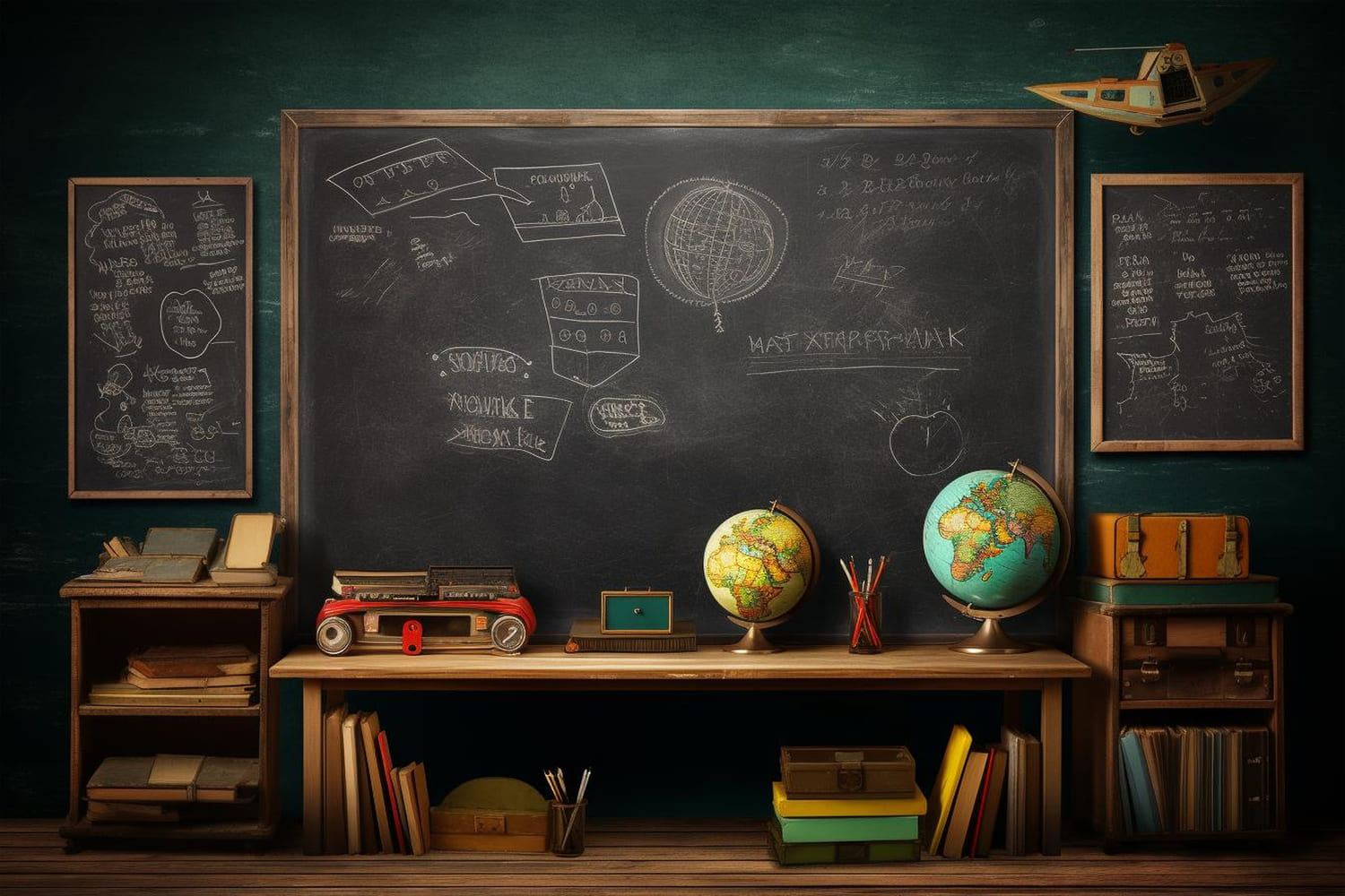 Toile de Fond de Tableau Noir avec Globe et Bureau pour la Rentrée Scolaire DBD7-58