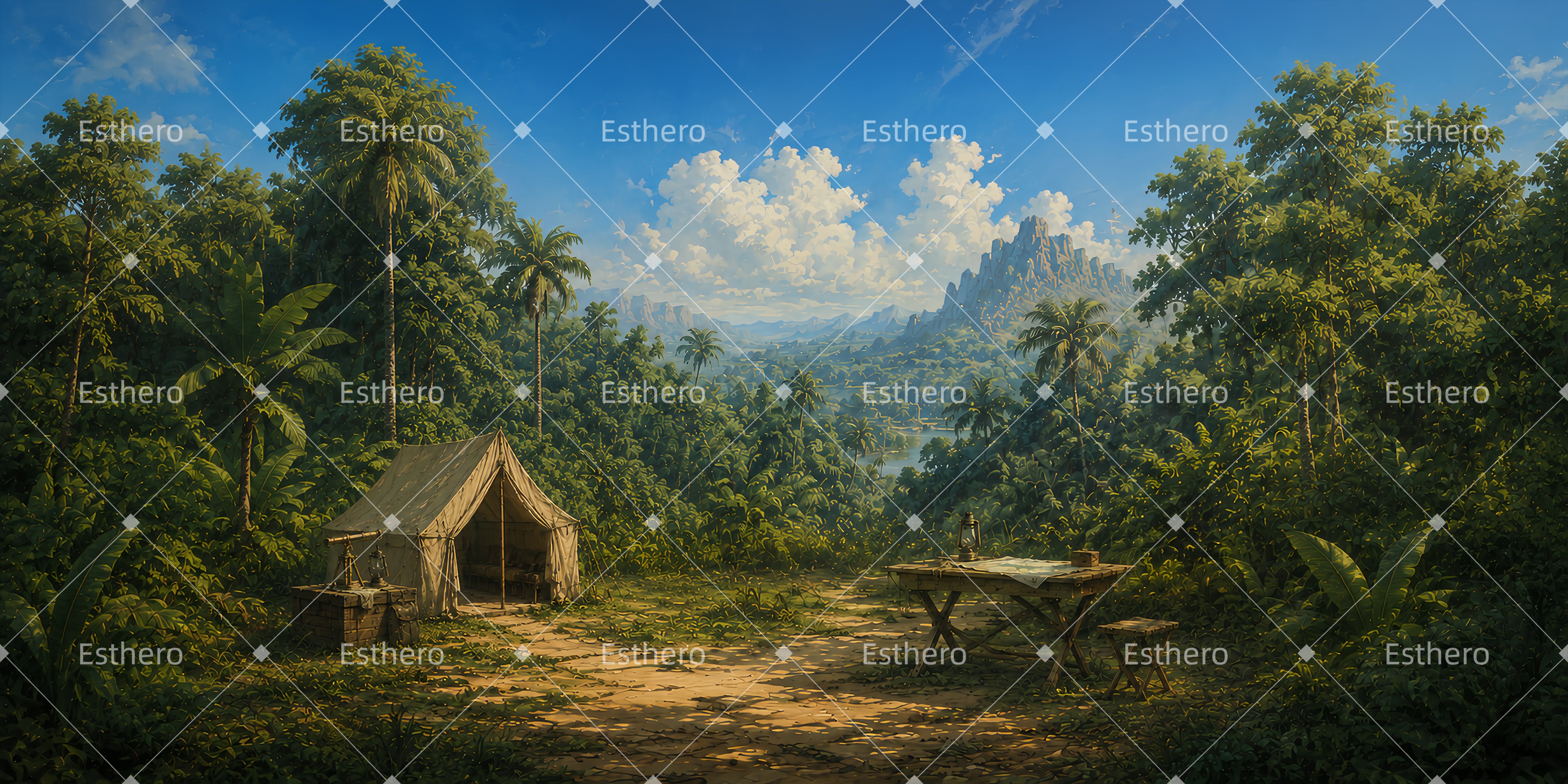 Toile de fond de camp d’expédition dans la jungle pour théâtre DLS65-T7