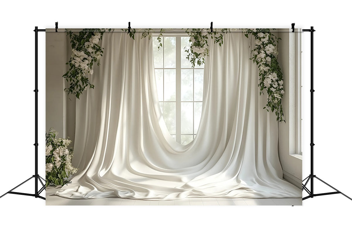 Toile de Fond Photo Fête des Mères Drapé Blanc et Verdure Douce GQ2-115