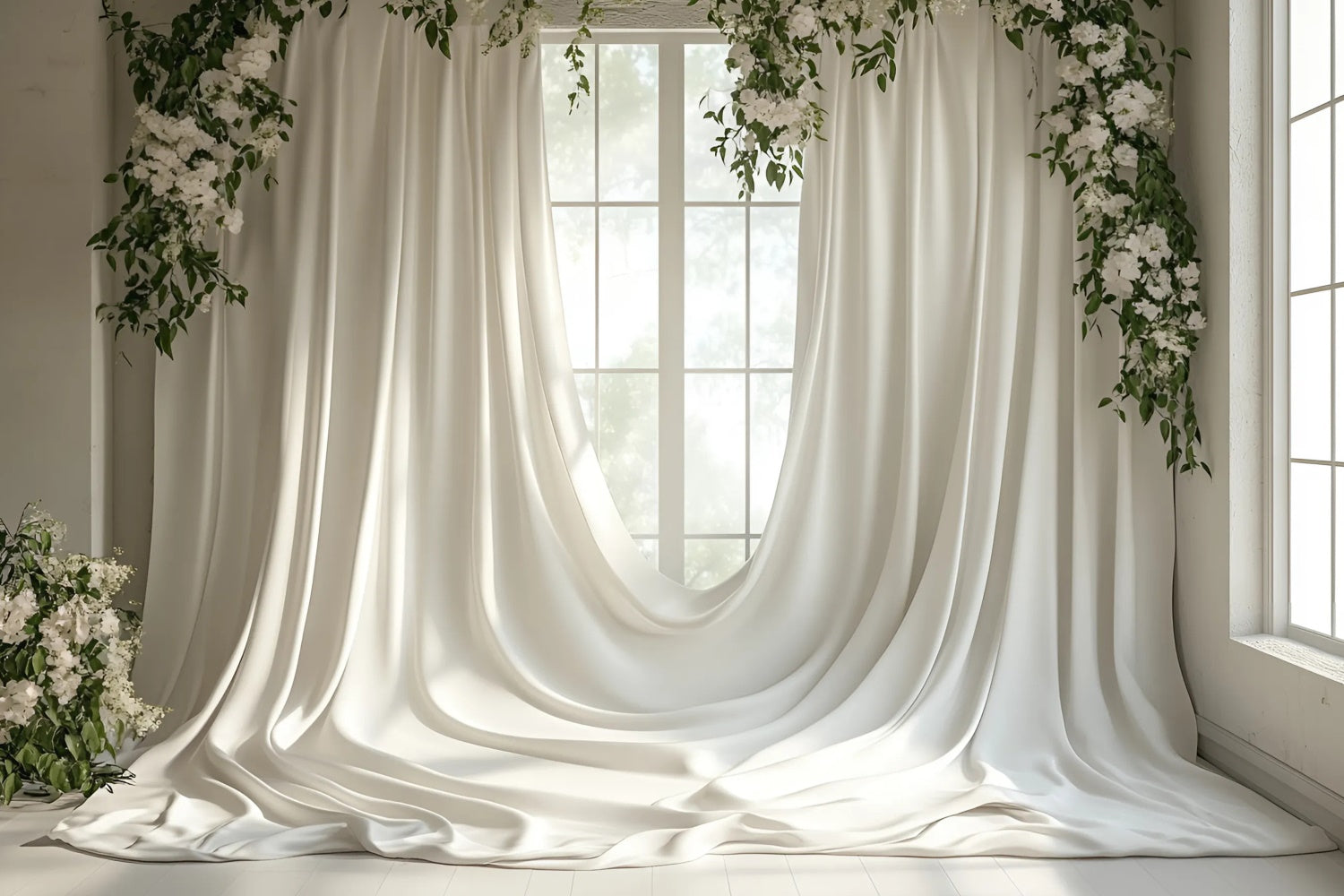 Toile de Fond Photo Fête des Mères Drapé Blanc et Verdure Douce GQ2-115