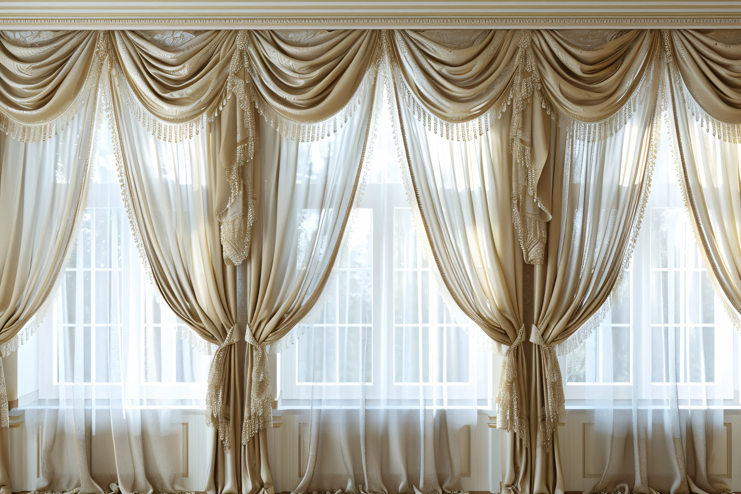 Toile de Fond Boheme Drapé Dentelle Beige Luxueux GQ2-20