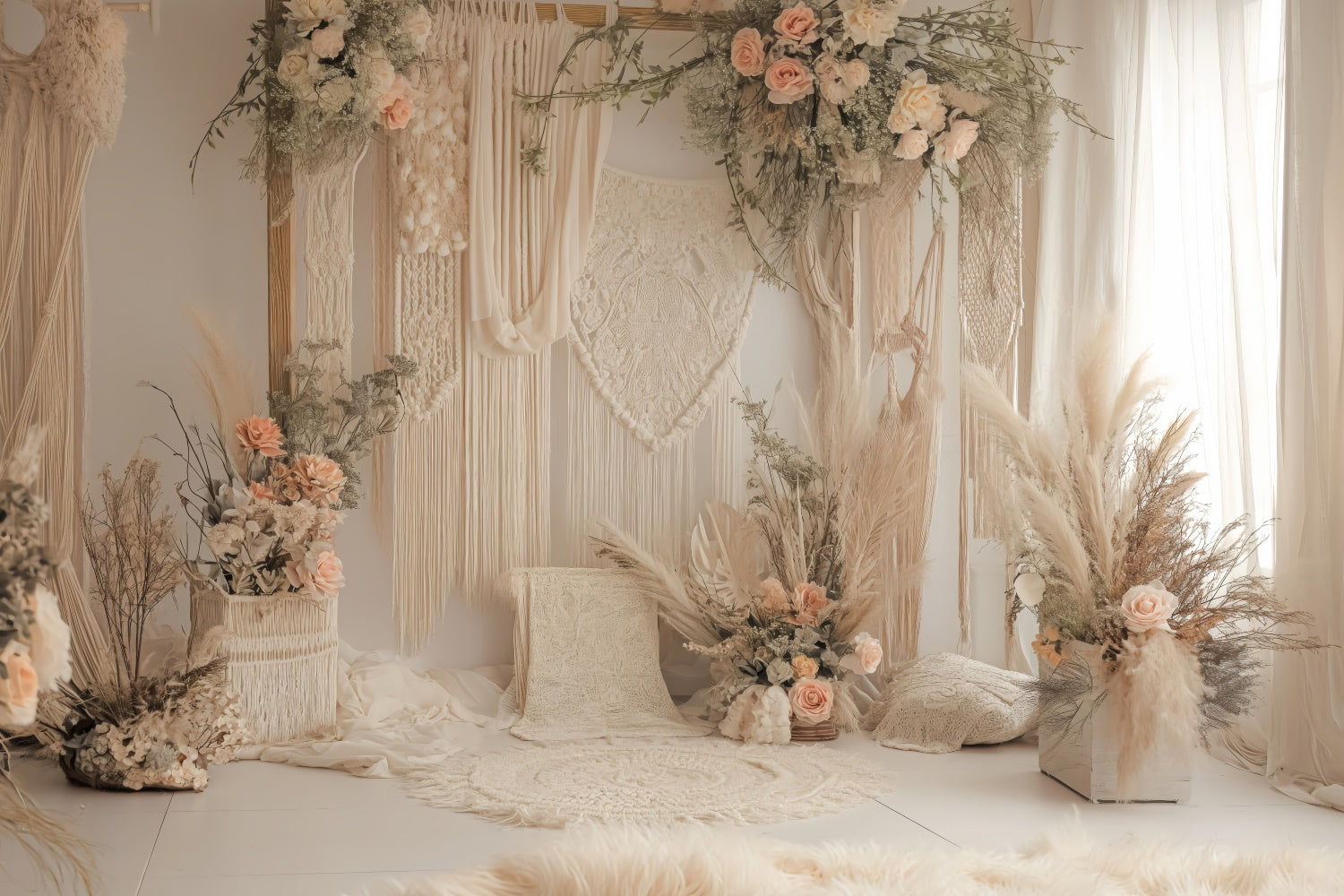 Toile de Fond Photo Boho Arc Roses Macramé Rêveur GQ2-21