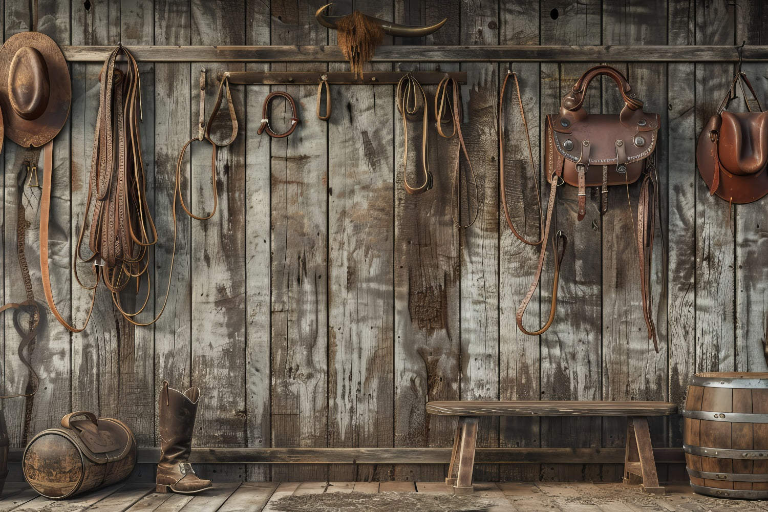 Toile de fond Fête des Pères Équipement Cowboy Mur en Bois GQ2-227