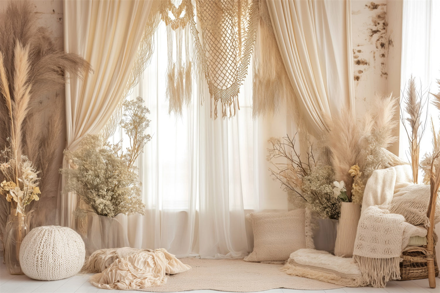 Toile de Fond Boheme Rideau Crème Macramé Beige GQ2-26