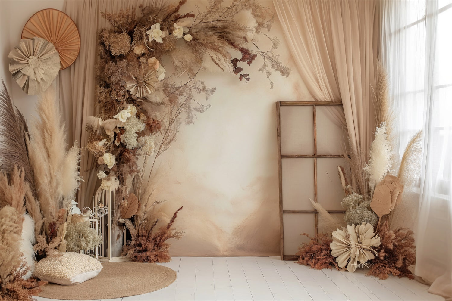 Toile de Fond Boho Photo Pampas Floral Beige Chaud GQ2-28