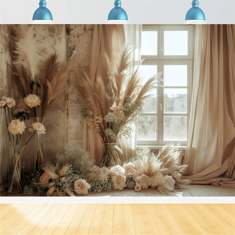 Toile de Fond Boho Fenêtre Ensoleillée Pampas Rose GQ2-40