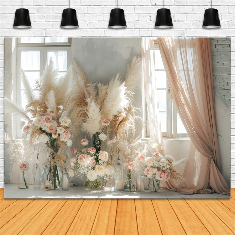 Toile de Fond Boho Idées Rideaux Pampas Floral Fenêtre GQ2-45