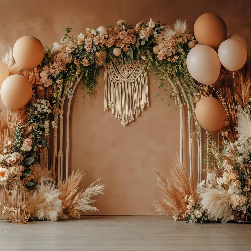 Toile de Fond Boho Arc Rose Pampas Ballons Photographie GQ2-47
