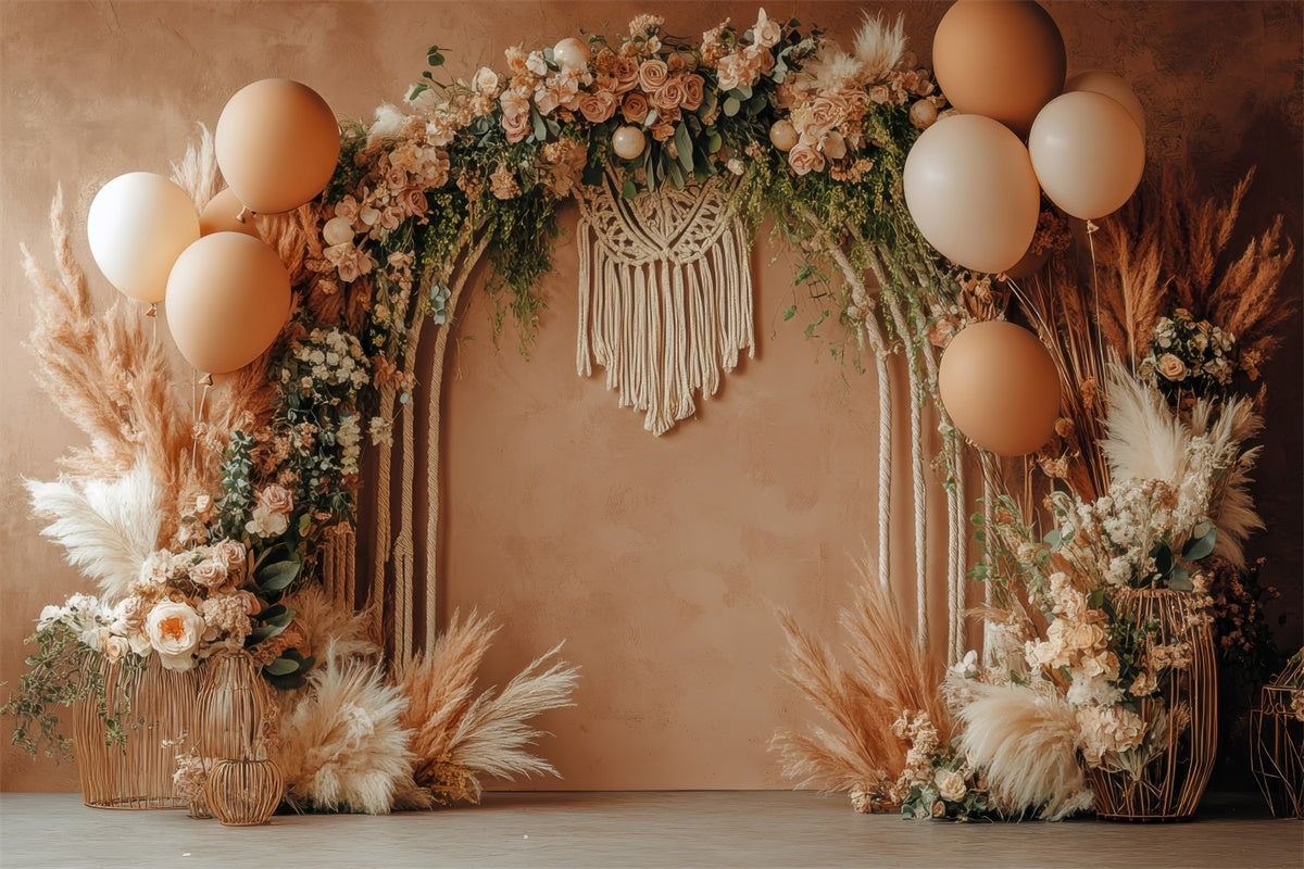 Toile de Fond Boho Arc Rose Pampas Ballons Photographie GQ2-47