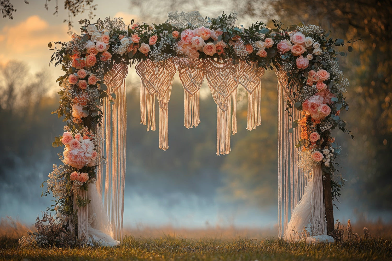 Toile de Fond Boho Mariage Arc Macramé Fleurs GQ2-75