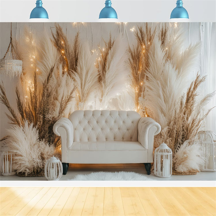 Toile de Fond Boho Canapé Blanc Pampas Lumières GQ2-79
