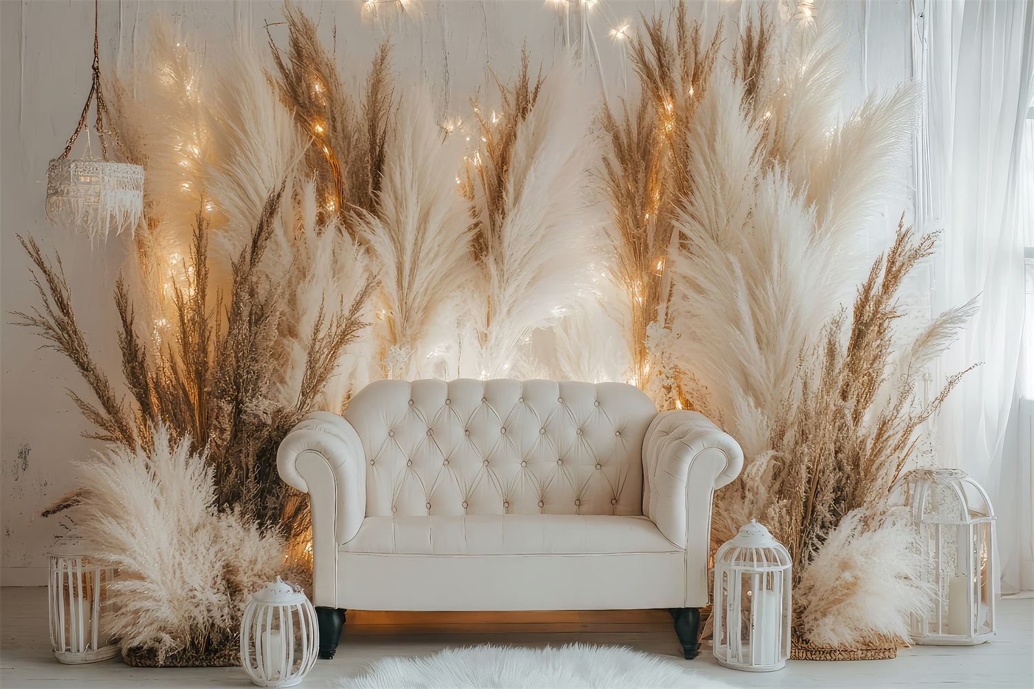 Toile de Fond Boho Canapé Blanc Pampas Lumières GQ2-79