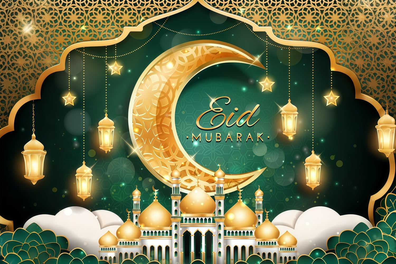Toile de fond Eid Mubarak Croissant Lumineux Lanternes Festives GQ3-101