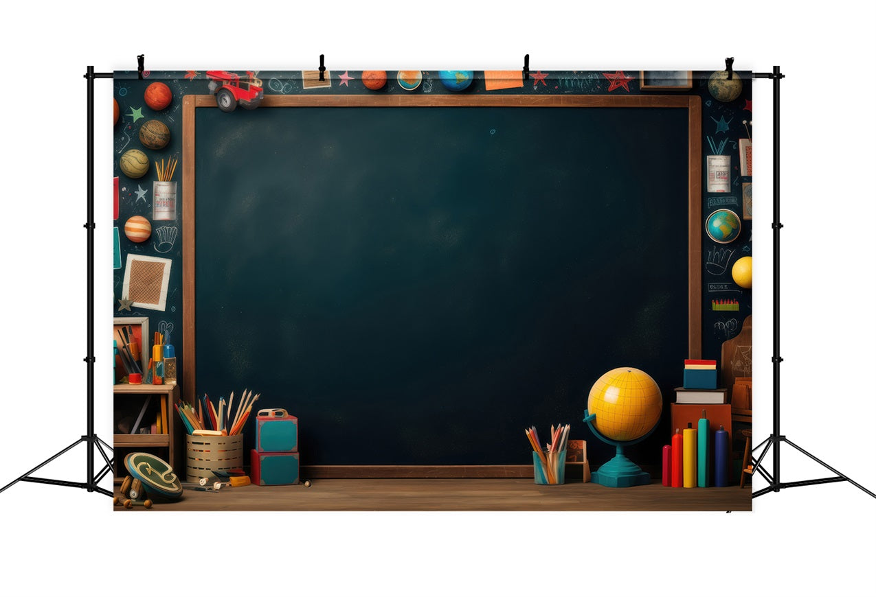 Toile de fond Photo Rentrée des Classes Tableau Noir Planètes Livres GQ3-105
