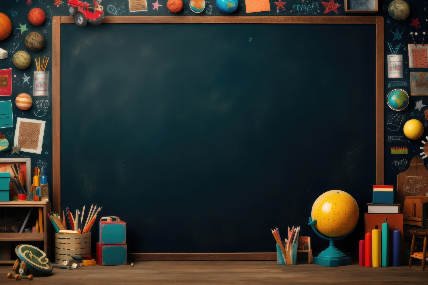 Toile de fond Photo Rentrée des Classes Tableau Noir Planètes Livres GQ3-105