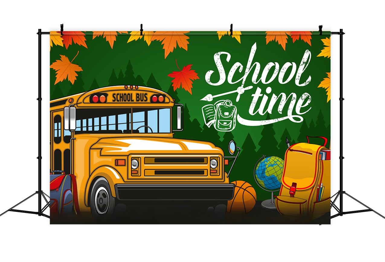 Toile de fond Rentrée des Classes Bus Scolaire Jaune Feuilles GQ3-107