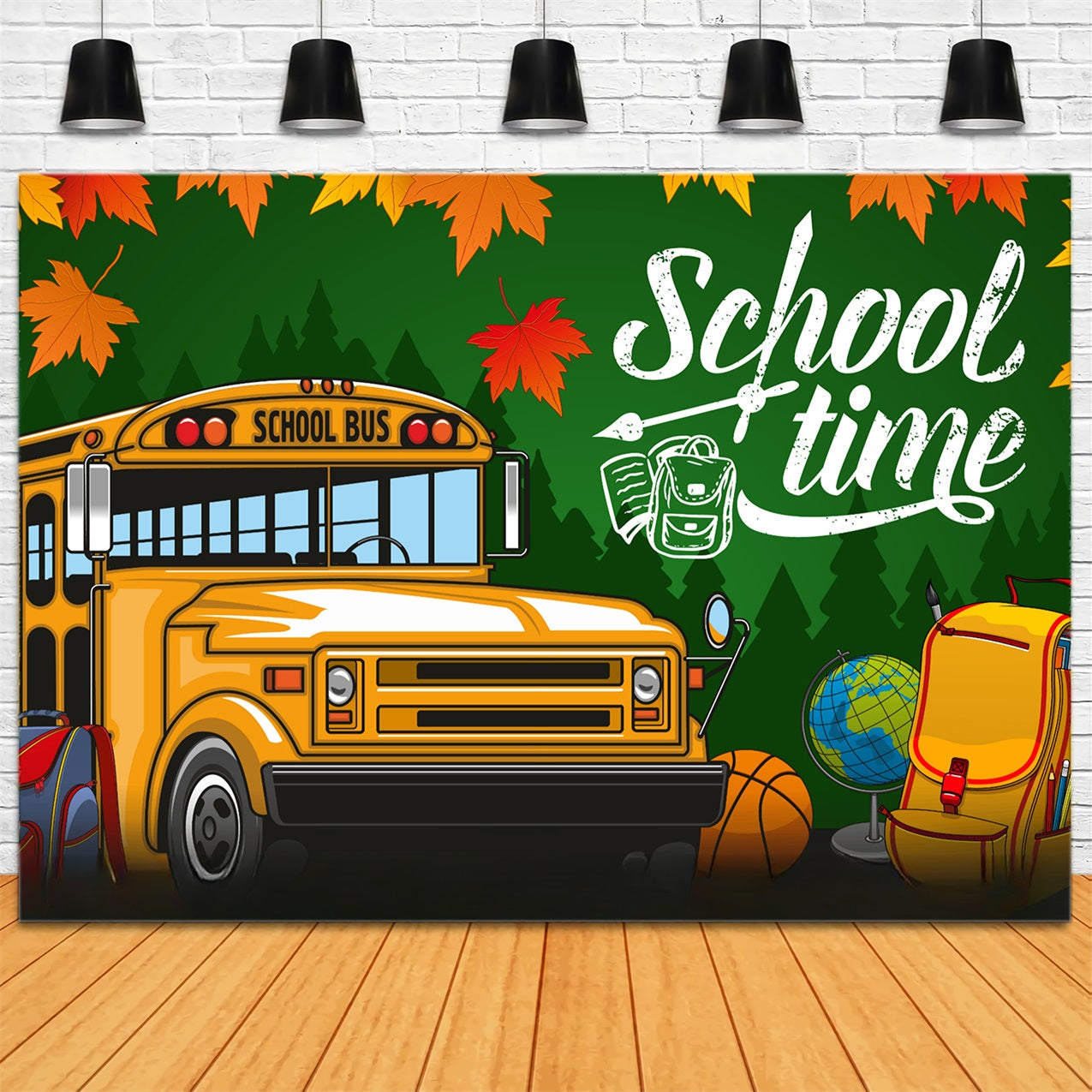 Toile de fond Rentrée des Classes Bus Scolaire Jaune Feuilles GQ3-107