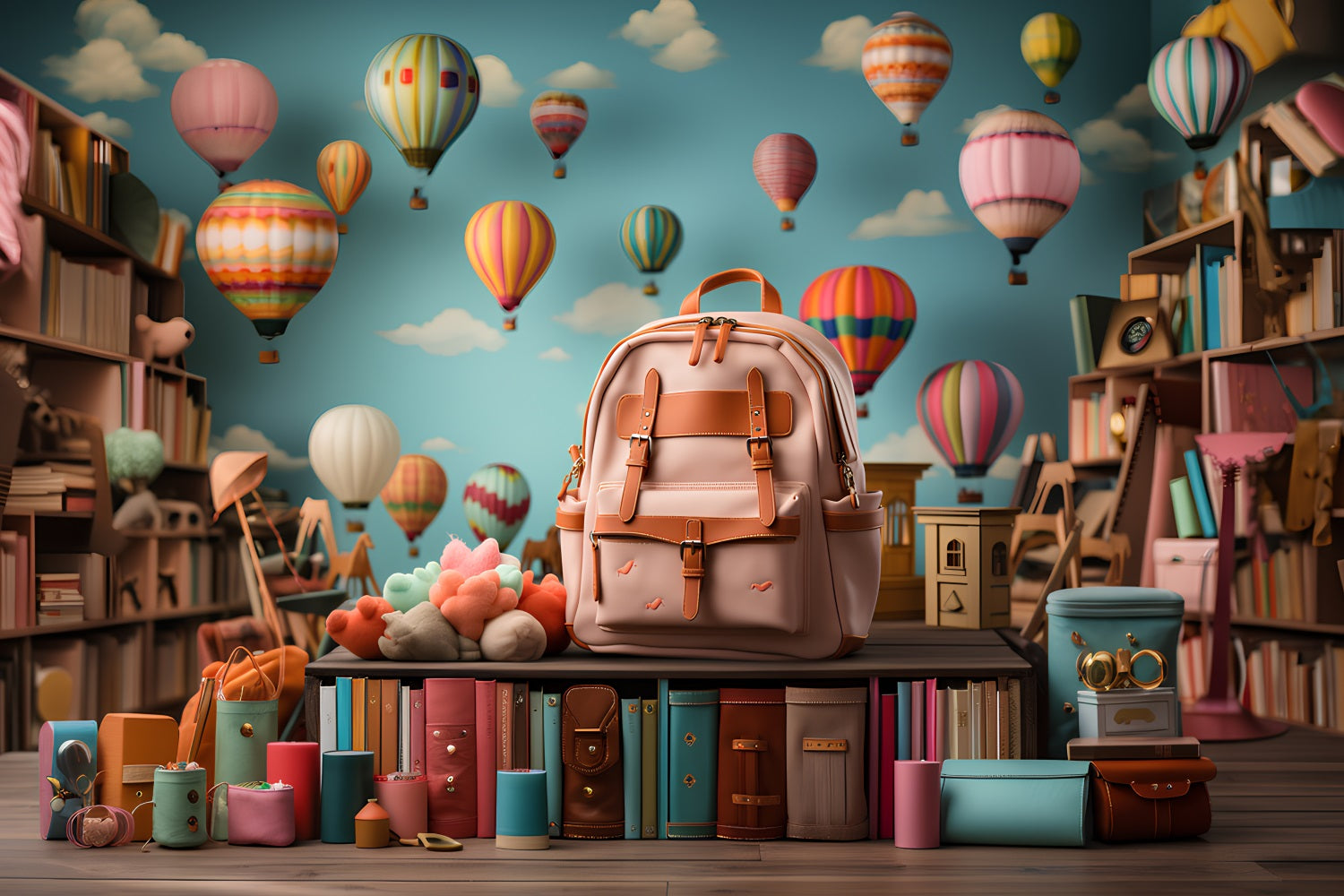 Toile de fond Photographie Rentrée des Classes Montgolfière Sac à Dos GQ3-108