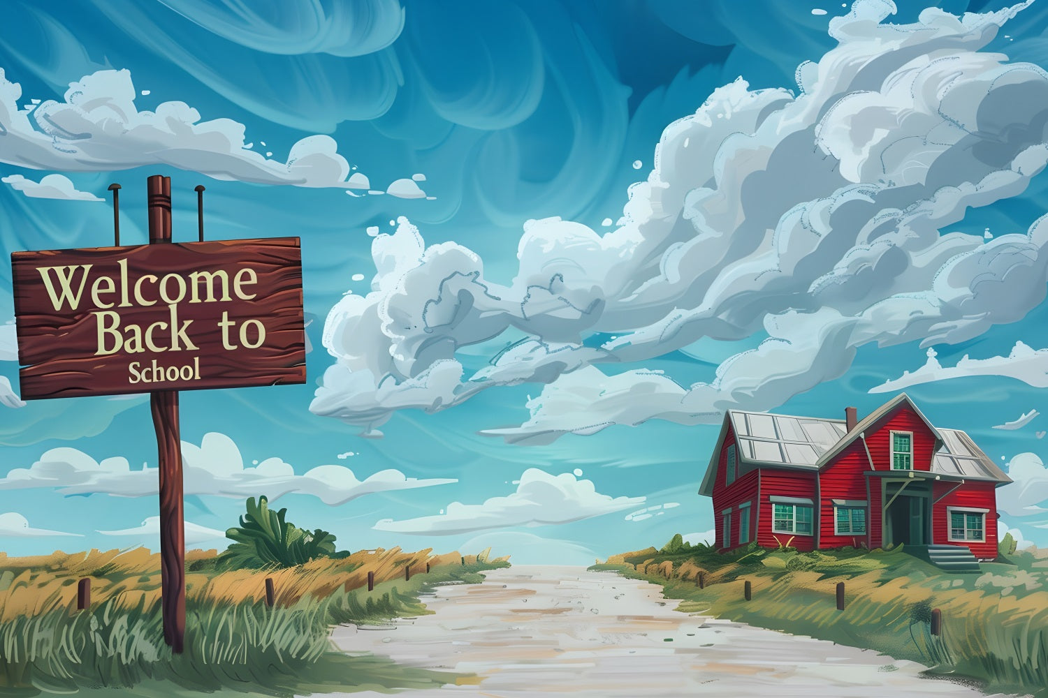 Toile de fond Bienvenue Rentrée des Classes Ciel Nuages Campagne GQ3-109