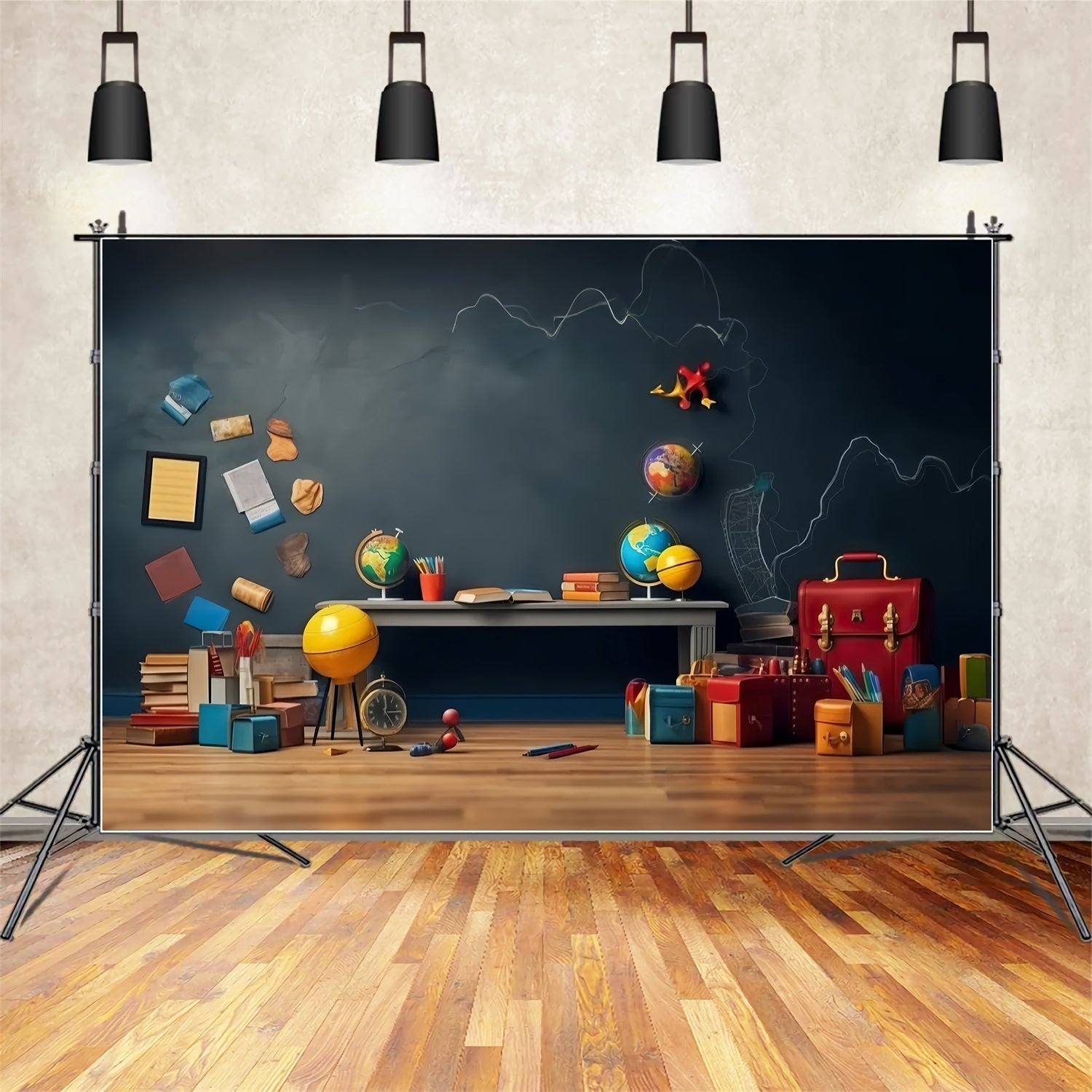 Toile de fond Numérique Rentrée des Classes Tableau Noir Globe Éducatif GQ3-125