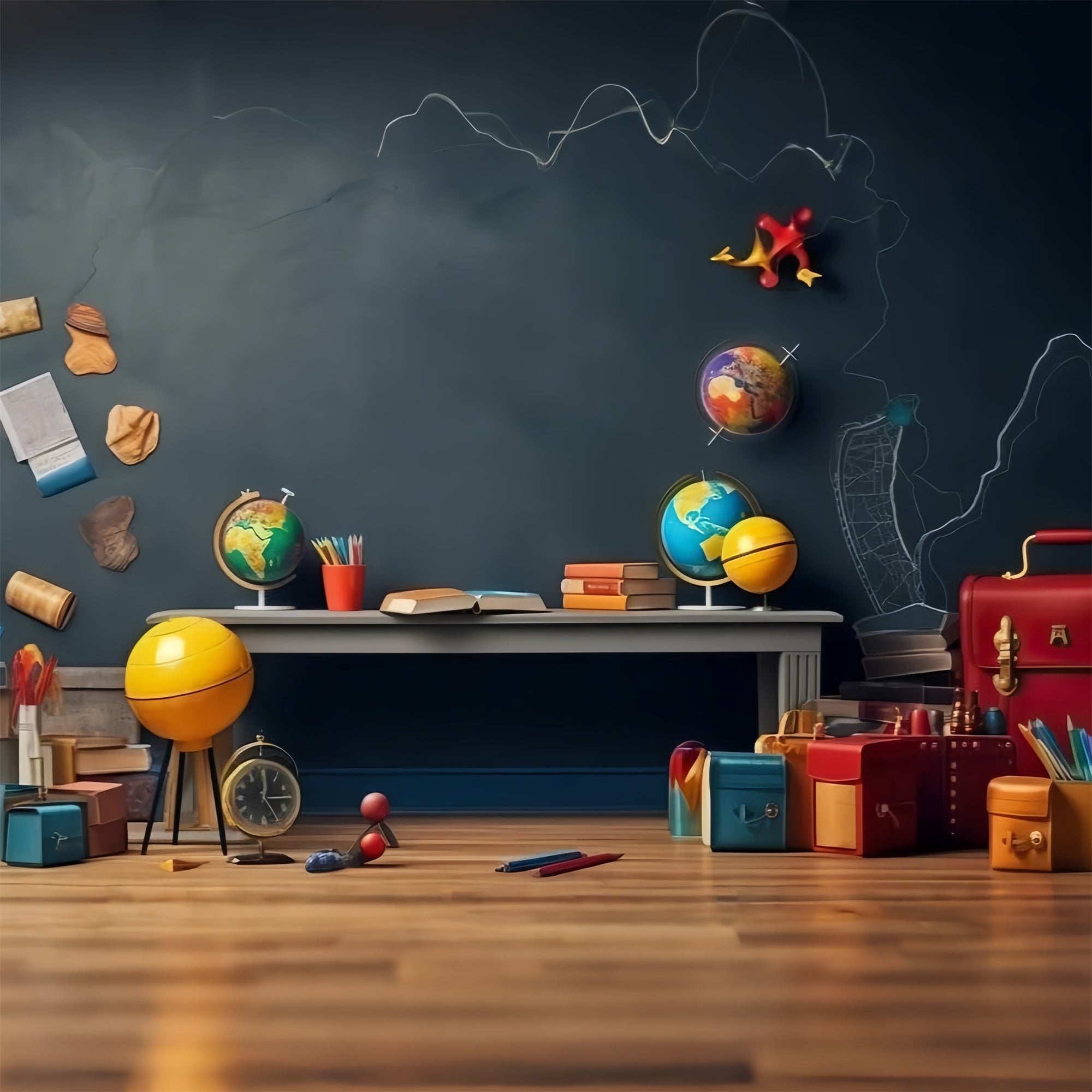 Toile de fond Numérique Rentrée des Classes Tableau Noir Globe Éducatif GQ3-125